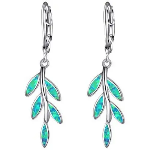 Opal Gem Drop Dangle Earrings, Created Blue/Green Opal Earrings, Olive Leaf Leverback Earrings For Women Girls Opal Gem Drop Dangle Earrings, Created Blue/Green Opal Earrings, Olive Leaf Leverback Earrings For Women Girls