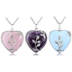 Top Plaza Natural Healing Crystals Heart Pendant Necklaces Reiki Quartz Gemstone Jewelry for Womens Girls
