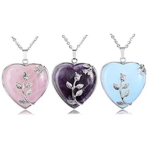 Top Plaza Natural Healing Crystals Heart Pendant Necklaces Reiki Quartz Gemstone Jewelry for Womens Girls Top Plaza Natural Healing Crystals Heart Pendant Necklaces Reiki Quartz Gemstone Jewelry for Womens Girls
