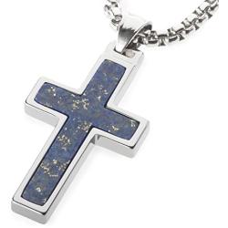 Unique GESTALT Lapis Lazuli Inlay Tungsten Cross Pendant. 4mm Wide Surgical Stainless Steel Box Chain.