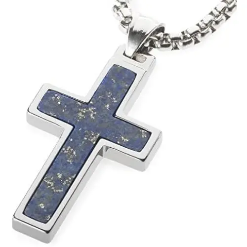 Unique GESTALT Lapis Lazuli Inlay Tungsten Cross Pendant. 4mm Wide Surgical Stainless Steel Box Chain. Unique GESTALT Lapis Lazuli Inlay Tungsten Cross Pendant. 4mm Wide Surgical Stainless Steel Box Chain.