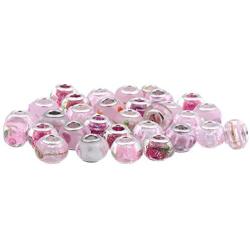 RUBYCA Mix Pink Murano Lampwork Glass Bead Rondelle European Charm Bracelet Silver Color 30pcs