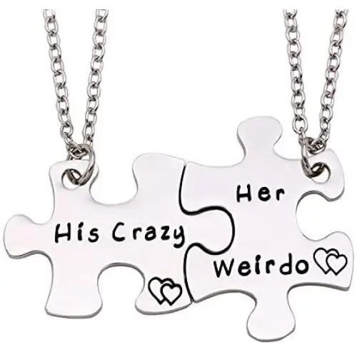 ENSIANTH 2pc His Crazy Her Weirdo Necklace Puzzle Piece Necklace Set Gift for Lover
