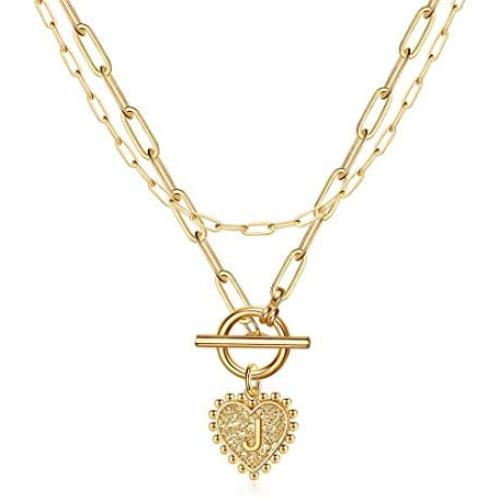 Ursteel Layered Choker Necklaces for Women, 14K Gold Plated Dainty Heart Initial Pendant Paperclip Chain Necklace Layering Gold Toggle Necklaces for Women Jewelry Gifts