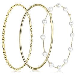 RnBLM JEWELRY 3 Pairs 14K Gold Plated Big Hoop Earrings for Women Large Pearl Hoop Earring Thin Twisted Huge Hoop Earrings in One Set Lightweight Gold Hoop