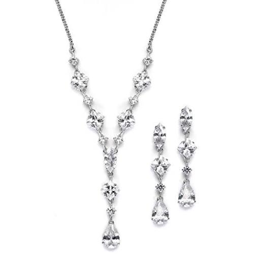Mariell Silver Platinum Plated Cubic Zirconia Wedding Necklace & Earrings Bridal Jewelry Set for Brides
