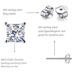 925 Sterling Silver Stud Earrings - 4 Pairs Square Cut Cubic Zirconia Stud Earrings Hypoallergenic Stud Earrings Set for Women Men Girls Gifts 3mm 4mm 5mm 6mm