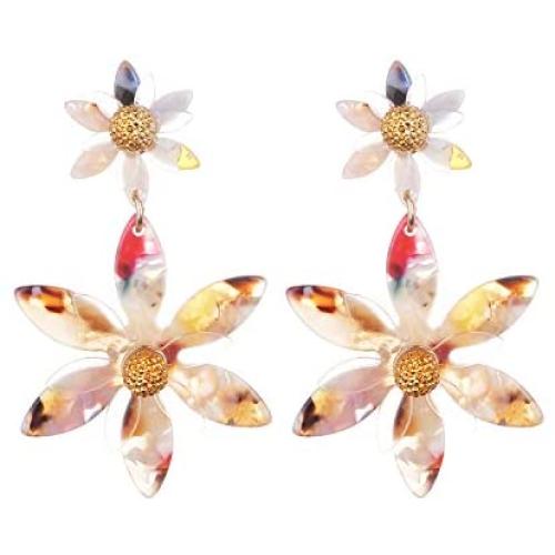 Nicole Miller New York Two Flowers Different Sizes Off-white Acrylic Transparent GoldDangle Earrings