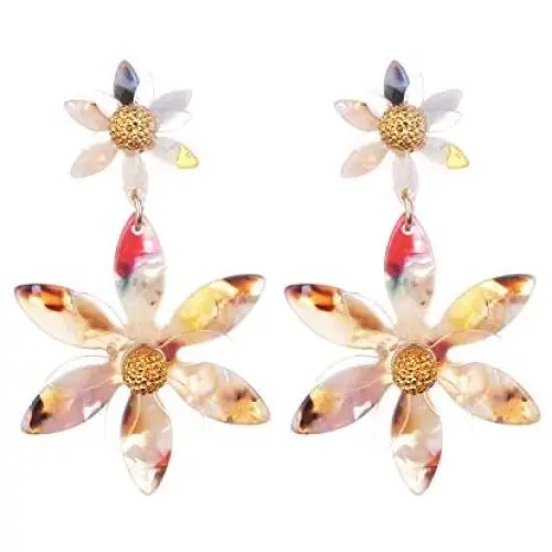 Nicole Miller New York Two Flowers Different Sizes Off-white Acrylic Transparent GoldDangle Earrings