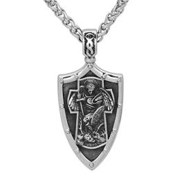 GuoShuang ST.Michael Archangel Cross Shield Prayer Saint Nicholas Medal Amulet Pendant Necklace Stainless Steel