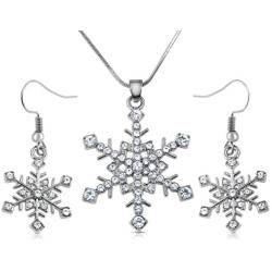 Snowflake Necklace and Dangle Earrings Christmas Jewelry Gift Set for Winter Fashion, Women Teens Stocking Stuffer Ideas