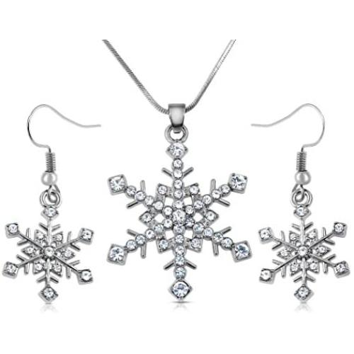 Snowflake Necklace and Dangle Earrings Christmas Jewelry Gift Set for Winter Fashion, Women Teens Stocking Stuffer Ideas