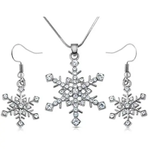 Snowflake Necklace and Dangle Earrings Christmas Jewelry Gift Set for Winter Fashion, Women Teens Stocking Stuffer Ideas