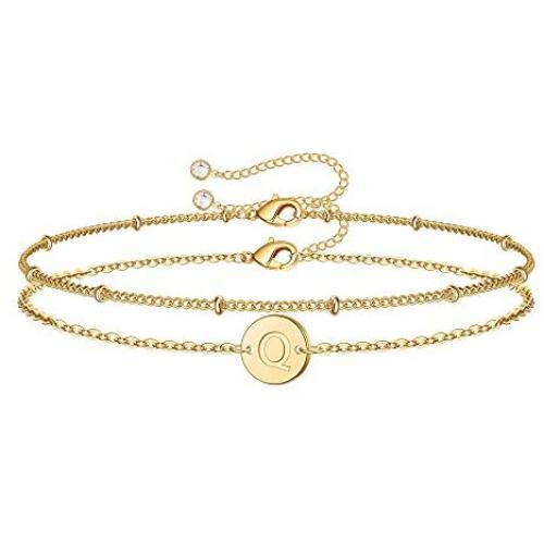 MONOZO Gold Initial Bracelets for Women, Dainty 14K Gold Filled Layered Letter Initial Bracelet Personalized 26 Alphabet Disc Monogram Charm Bracelet Jewelry Gifts for Girls