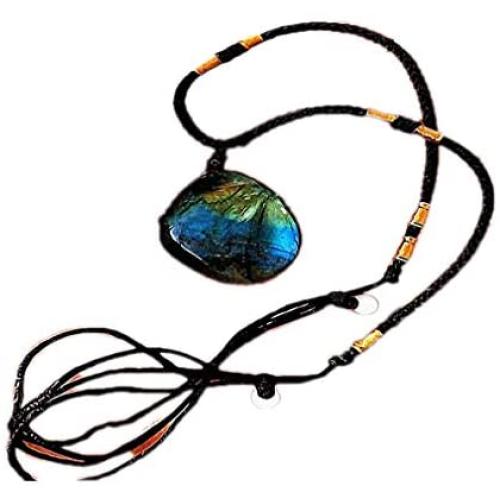 Tebapi Labradorite Pendant Necklace for Women, Natural Semi Precious Pendant with Braided Necklace for Women Men