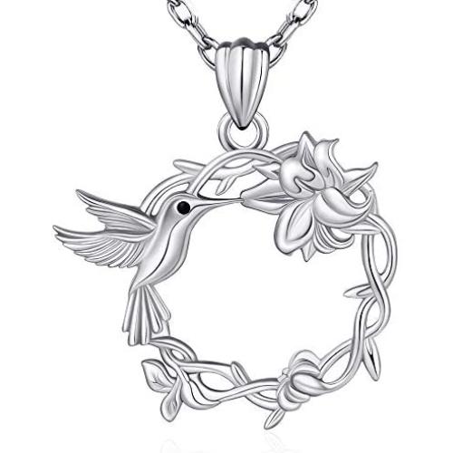 925 Sterling Silver Hummingbird Flower Pendant Necklace Spirit Animal Jewelry Gift for Women Girls