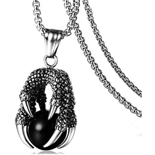Heavstjer Punk Rock Stainless Steel Dragon Claw Pendant Crystal Ball Necklace,24inches Link Chain