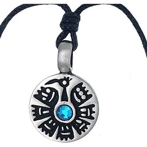 Tribal Native American Jewelry Aztec Mayan Inca Turkey Bird Thunderbird Crystal Amulet Silver Pewter Pendant Mens Necklace Charm for men no chain w Black Adjustable Cord