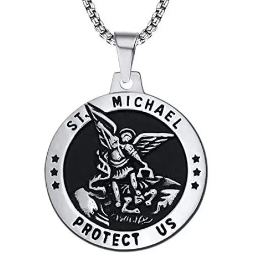 enhong St Michael Necklace Vintage Stainless Steel The Archangel Pendant with Chain enhong St Michael Necklace Vintage Stainless Steel The Archangel Pendant with Chain