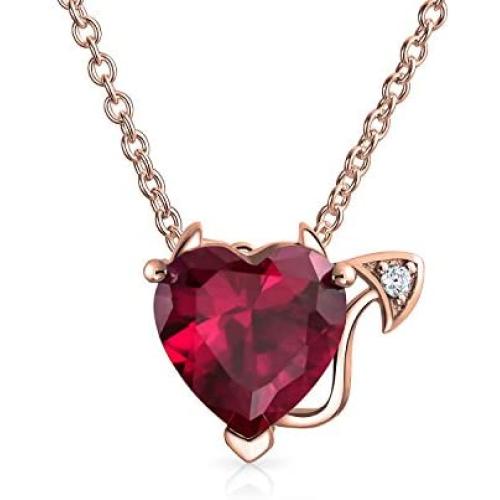 Valentine Red Cubic Zirconia CZ Devil Heart Shape Pendant Necklace For Women 925 Sterling Silver 16 Inch