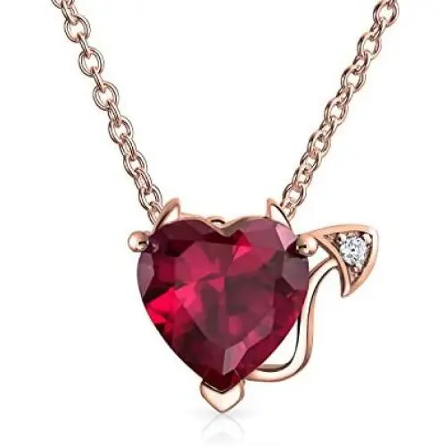 Valentine Red Cubic Zirconia CZ Devil Heart Shape Pendant Necklace For Women 925 Sterling Silver 16 Inch