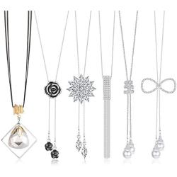 Thunaraz 6Pcs Women Long Rhinestone Sweater Necklace Pearl Crystal Flower Tassel Pendant Long Chain Silver Necklace Jewelry Women Gifts