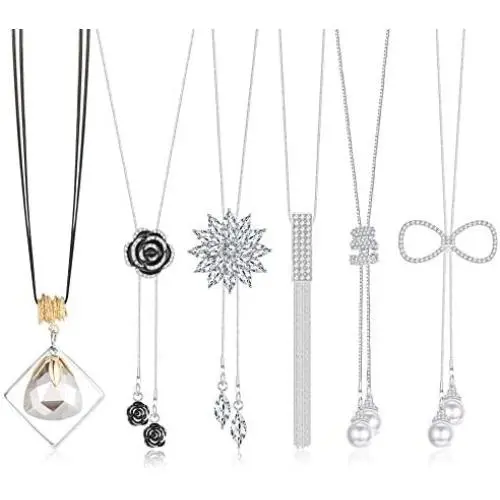 Thunaraz 6Pcs Women Long Rhinestone Sweater Necklace Pearl Crystal Flower Tassel Pendant Long Chain Silver Necklace Jewelry Women Gifts Thunaraz 6Pcs Women Long Rhinestone Sweater Necklace Pearl Crystal Flower Tassel Pendant Long Chain Silver Necklace Jewelry Women Gifts