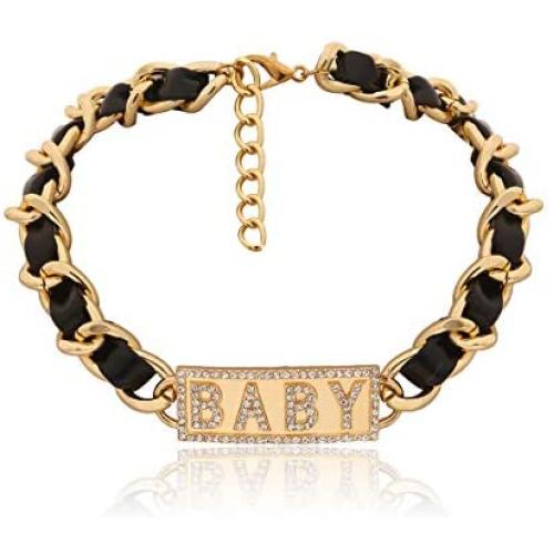Salircon Black Leather Collar Chain Choker Necklace Gold Chunky Chain Goth Statement Power Girl Pendant for Women Girl