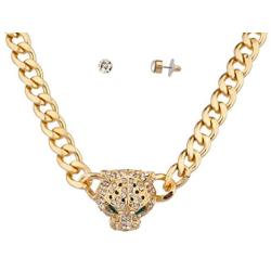LUX ACCESSORIES Pave Panther Chain Link Bling Necklace Matching Stud Earrings