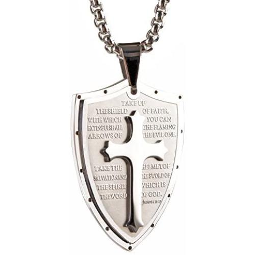 Starmond Shield Armor of God Ephesians 6:16-17,Faith Cross Stainless Steel Pendant Necklace,Mens Cross Pendant Jewelry Necklace 24'' Chain
