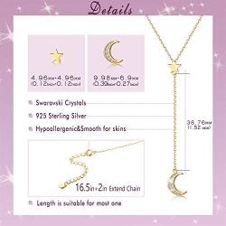 Sllaiss 925 Sterling Silver Moon&Star Necklace Pendant Lariat Y Necklace14K Gold Plated Jewelry for Women, Set with Swarovski Crystals
