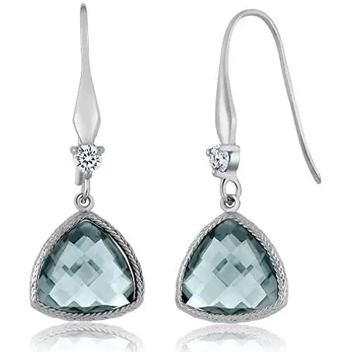 Gem Stone King 925 Sterling Silver Simulated Aquamarine Dangle Earrings For Women (5.75 Cttw Trillion Checkerboard Cut 12MM) Gem Stone King 925 Sterling Silver Simulated Aquamarine Dangle Earrings For Women (5.75 Cttw Trillion Checkerboard Cut 12MM)