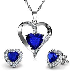 DEPHINI - Blue Jewelry Set - Blue Necklace & Blue Earrings - 925 Sterling Silver - Branded Crystal Studs & Pendant Birthstone - 18'' Rhodium Plated Silver Chain - Jewelry Box Gifts for Women