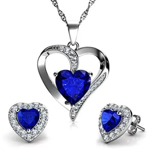 DEPHINI - Blue Jewelry Set - Blue Necklace & Blue Earrings - 925 Sterling Silver - Branded Crystal Studs & Pendant Birthstone - 18'' Rhodium Plated Silver Chain - Jewelry Box Gifts for Women