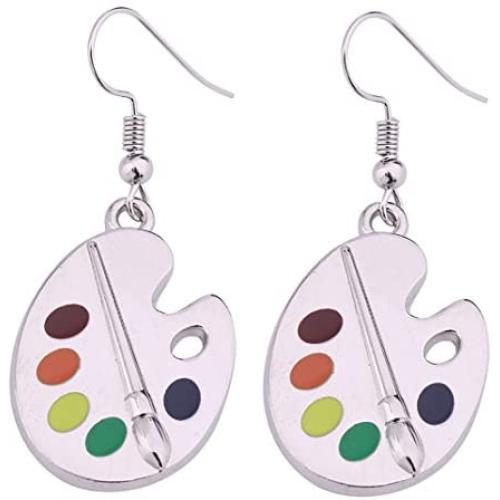 Fashion Design Paint Brush And Colorful Paint Palette Drop Earrings Artist Painter Jewelry
