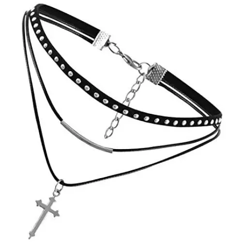 Flongo Womens Gothic Vintage Flannelette Rope Cross Rivet Choker Punk Collar Neckband Flongo Womens Gothic Vintage Flannelette Rope Cross Rivet Choker Punk Collar Neckband