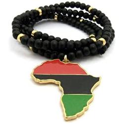 Shiny Jewelers USA Mens Multicolor Africa MAP RED Black Green Pendant 6MM 30'' Wooden Bead Chain Egyptian Necklace
