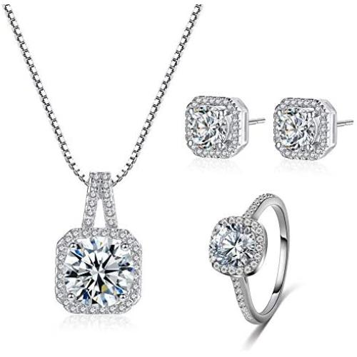 AILUOR 18K White Gold Plated Cubic Zirconia Crystal Rhinestone Halo Pendant Necklace Stud Earrings and Ring Bridal Wedding Jewelry Set Best Gift for Women Bridesmaids