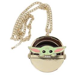 Toynk Star Wars The Mandalorian Baby Yoda in Gold Chain Carriage Necklace Jewelry with Magnetic Lid for Decoration - Durable Unique Metal Base Pendant with Colored Enamel Inlay for Adult, Women, Men