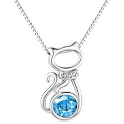 Sterling Silver Cat Pendant Necklace with Swarovski Birthstone Crystal，Cute Jewelry Gifts for Cat Lovers
