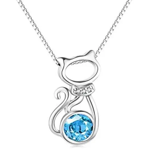 Sterling Silver Cat Pendant Necklace with Swarovski Birthstone Crystal,Cute Jewelry Gifts for Cat Lovers Sterling Silver Cat Pendant Necklace with Swarovski Birthstone Crystal,Cute Jewelry Gifts for Cat Lovers