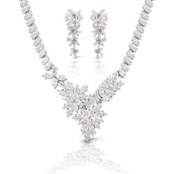 JanKuo Jewelry Rhodium Plated Prom Bridal Floral Graduated Marquise CZ Necklace Earrings Jewelry Set, 17''