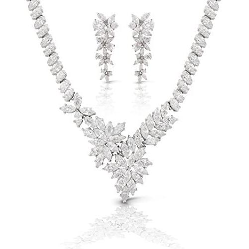 JanKuo Jewelry Rhodium Plated Prom Bridal Floral Graduated Marquise CZ Necklace Earrings Jewelry Set, 17''