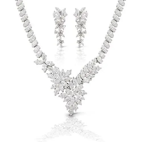 JanKuo Jewelry Rhodium Plated Prom Bridal Floral Graduated Marquise CZ Necklace Earrings Jewelry Set, 17'' JanKuo Jewelry Rhodium Plated Prom Bridal Floral Graduated Marquise CZ Necklace Earrings Jewelry Set, 17''