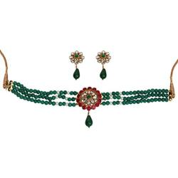 Touchstone Indian Bollywood Traditional Rhinestone Kundan Polki Faux Pearls Colorful Beads Strings Designer Jewelry Choker Necklace Set in Antique and Gold Tone for Women.