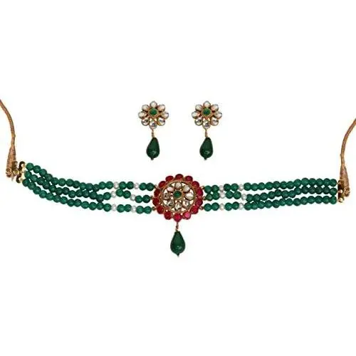 Touchstone Indian Bollywood Traditional Rhinestone Kundan Polki Faux Pearls Colorful Beads Strings Designer Jewelry Choker Necklace Set in Antique and Gold Tone for Women. Touchstone Indian Bollywood Traditional Rhinestone Kundan Polki Faux Pearls Colorful Beads Strings Designer Jewelry Choker Necklace Set in Antique and Gold Tone for Women.