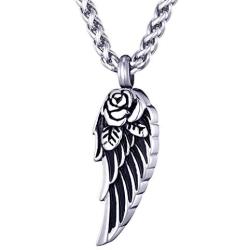 Mens Stainless Steel Cremation Jewelry Ashes Urn Necklace Rose Angel Wing Small Pendant with 24 Inches Link Chain