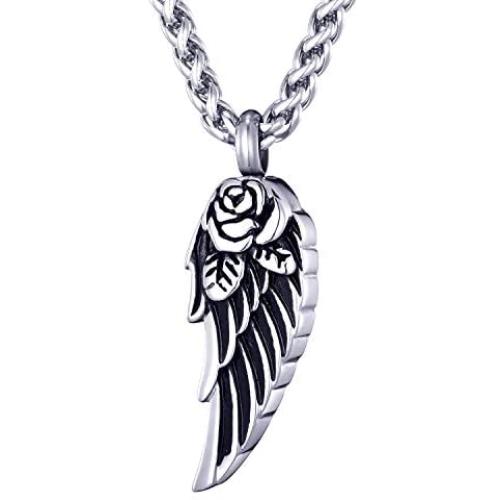 Mens Stainless Steel Cremation Jewelry Ashes Urn Necklace Rose Angel Wing Small Pendant with 24 Inches Link Chain