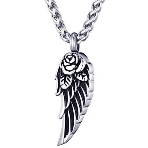 Mens Stainless Steel Cremation Jewelry Ashes Urn Necklace Rose Angel Wing Small Pendant with 24 Inches Link Chain Mens Stainless Steel Cremation Jewelry Ashes Urn Necklace Rose Angel Wing Small Pendant with 24 Inches Link Chain