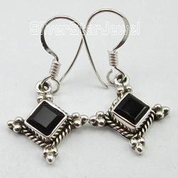 SilverStarJewel 925 Sterling Silver Natural Black Onyx Oxidized Drop Dangle Earrings 1.2''